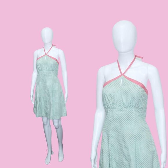 Y2K FOSSIL Blue POLKA DOT Halter Top Sleeveless Mini Dress W/Pink Trim.S. AS IS - Picture 1 of 9